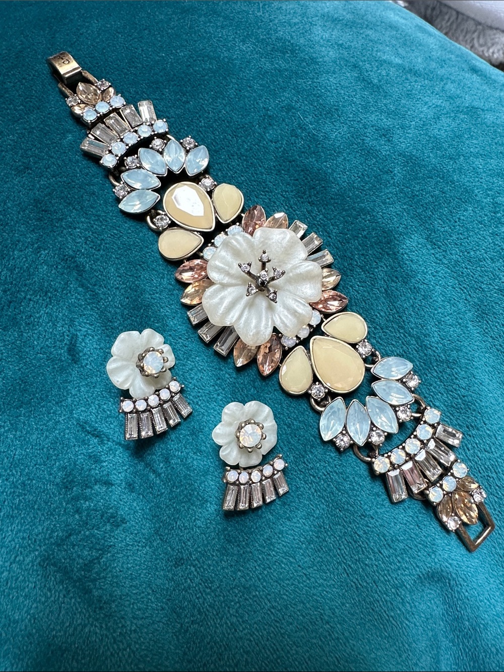 Floral Crystal Statement Bracelet and Earrings Set - Ivory, Blush, Pale Blue. 7”